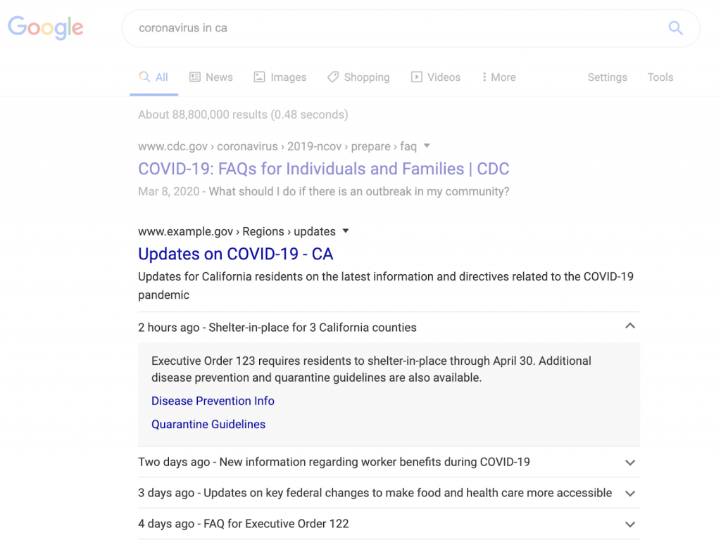 Пример разметки Google для сообщений, связанных с COVID-19