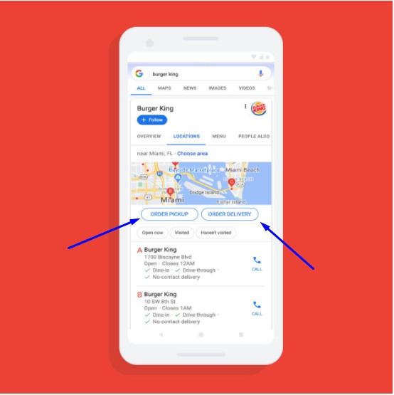 В Google Картах можно заказать еду через кнопку заказа