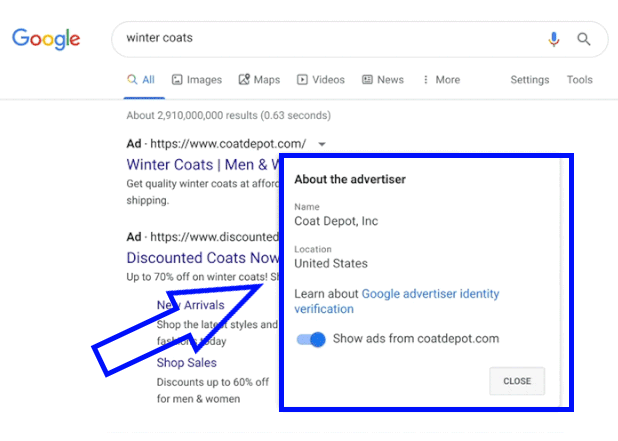 Как будет выглядеть информация о рекламодателях в Google Ads