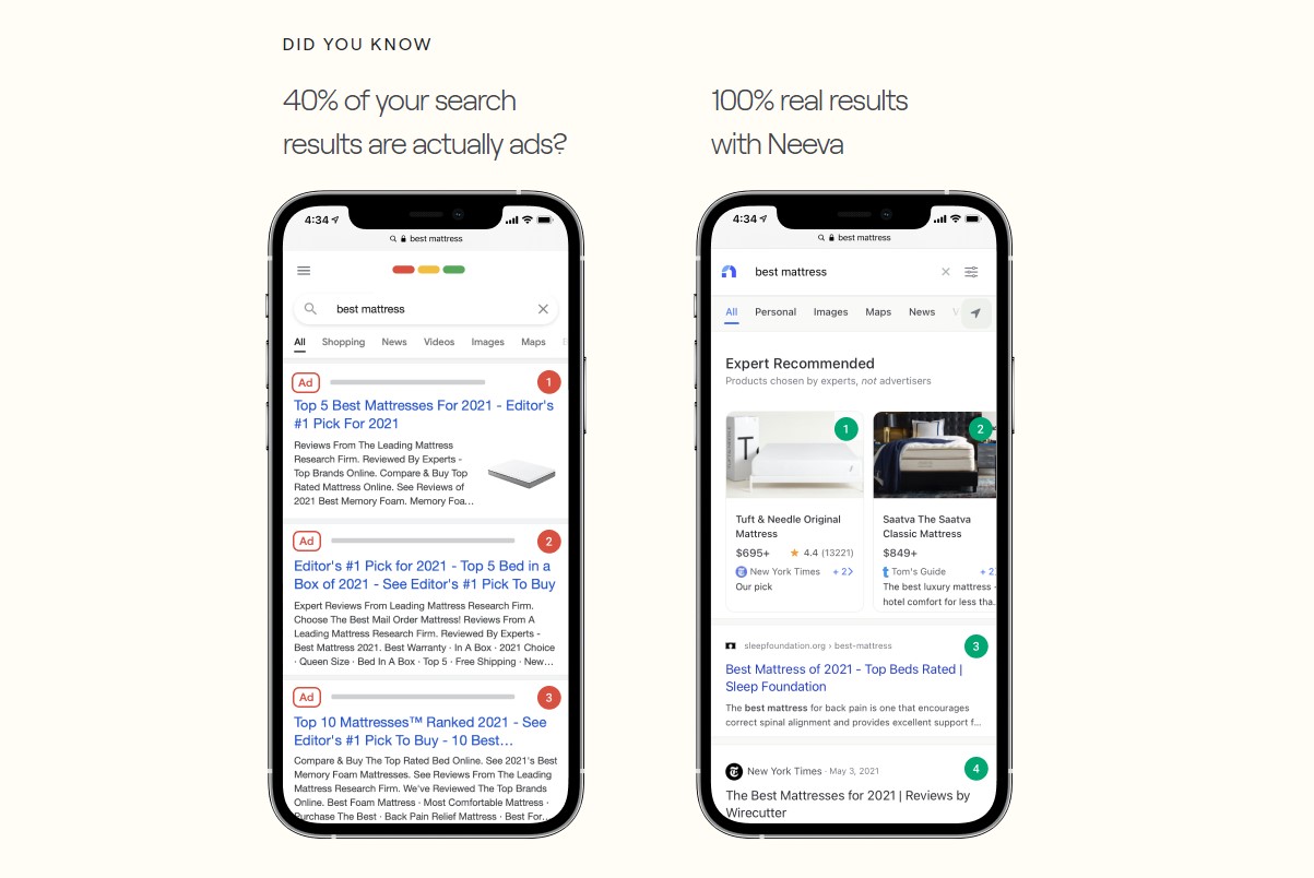 Разница в поисковой выдаче с рекламой и без рекламы поисковой системы Neeva