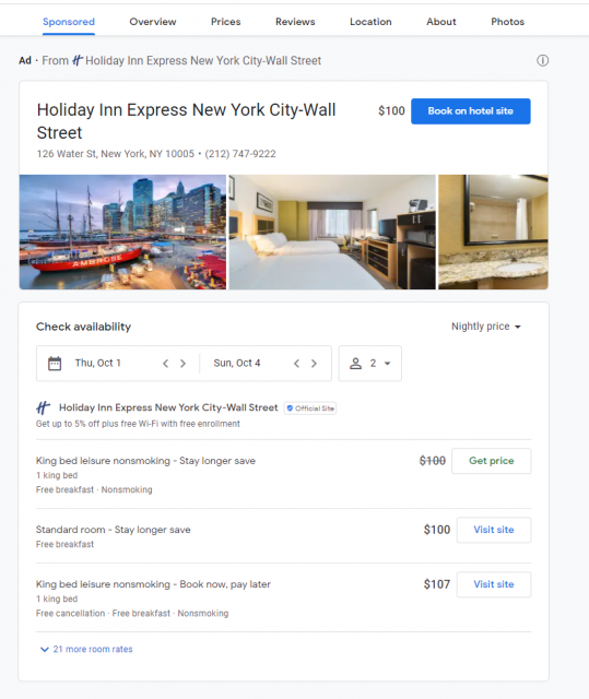 Как выглядят ссылки для бронирования отелей в Google