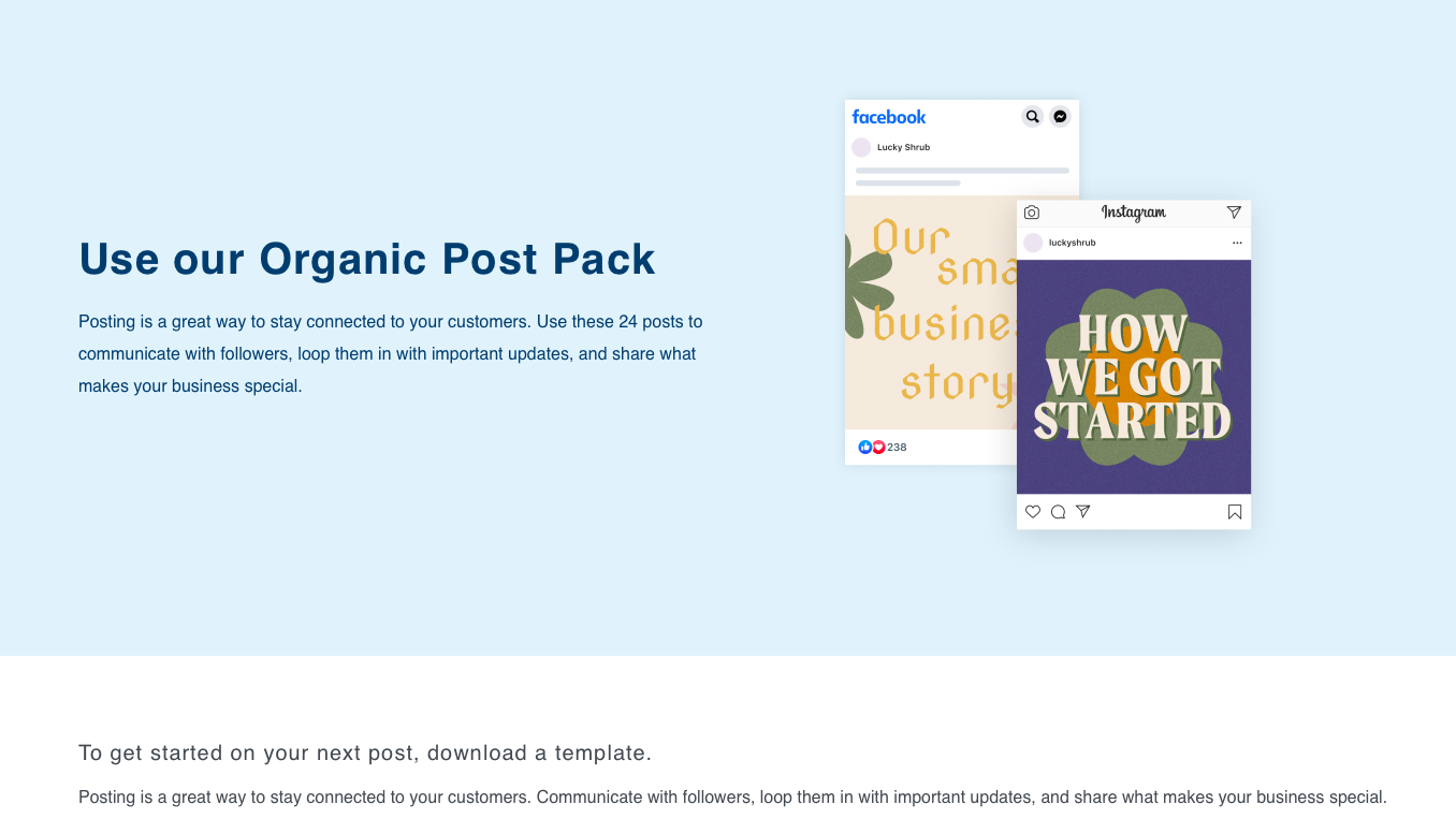 Facebook также предлагает набор из 24-х органических публикаций, с помощью которых вы можете поддерживать связь со своими клиентами. Используйте их для общения с подписчиками, делитесь новостями и рассказывайте об особенностях своего бренда.