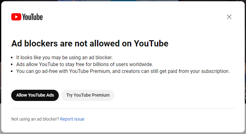 попередження про заборону блокувальників реклами YouTube