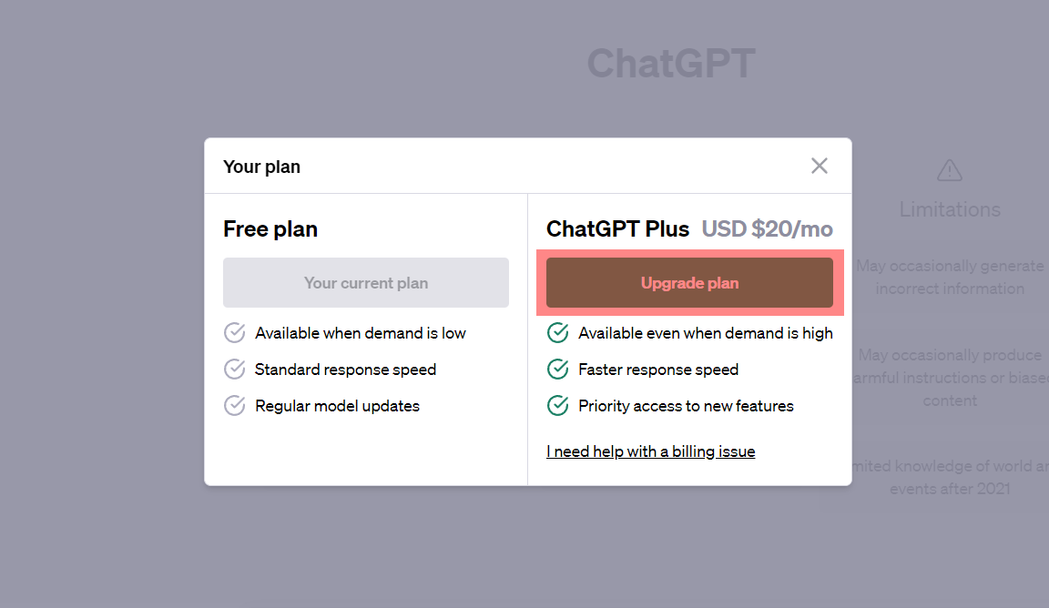 Як оновити Chat GPT до Chat GPT Plus крок 3