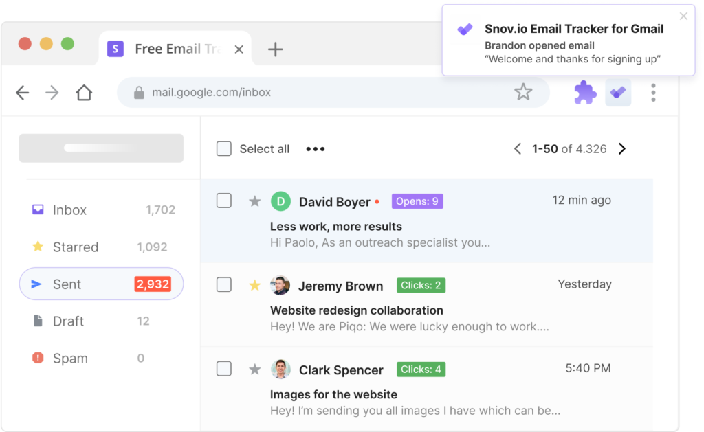 Розширення Gmail Snovio Email Tracker