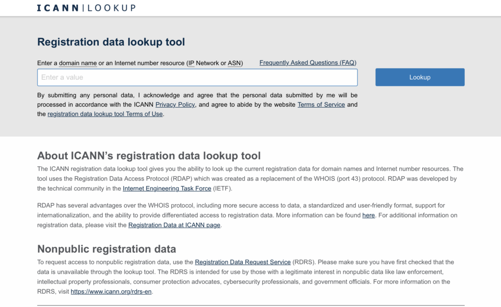 проверка через сервис Icann Lookup