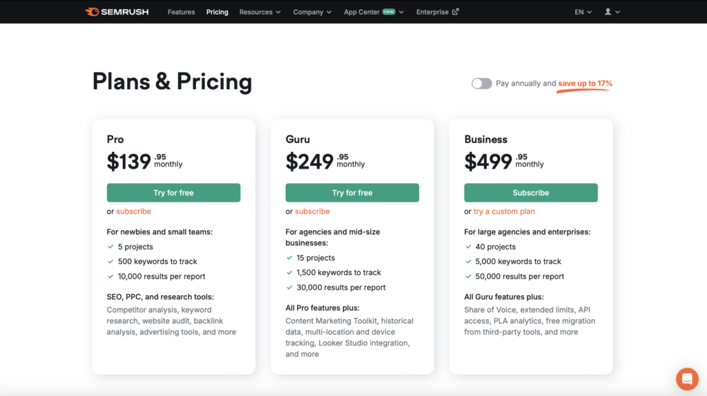 Тарифы, которые предлагает Semrush новым пользователям