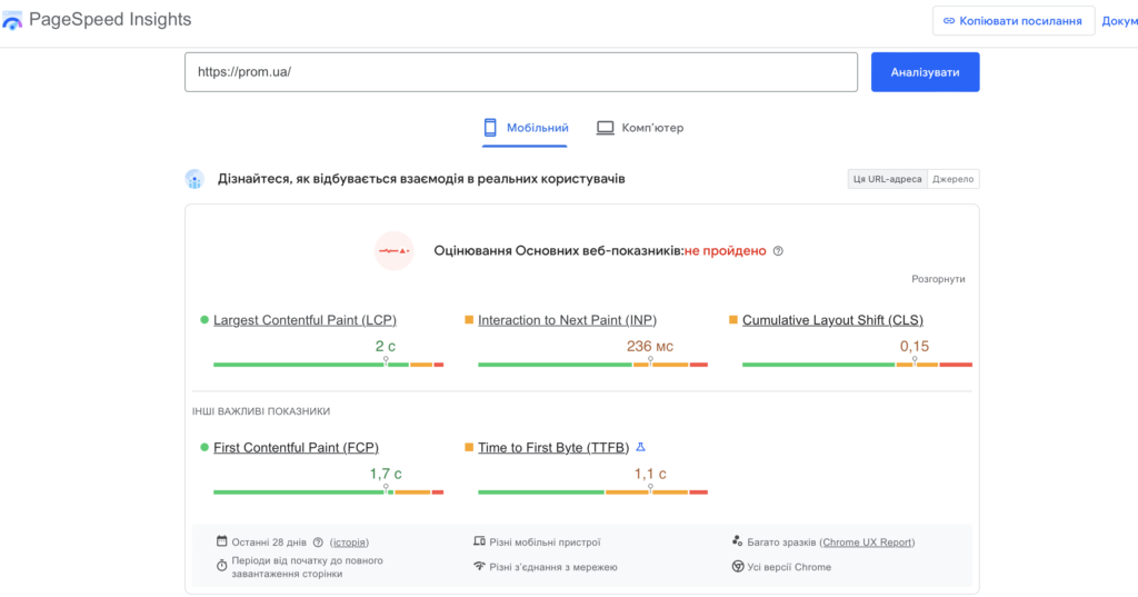 Пример проверки скорости загрузки сайта на сервисе PageSpeed ​​Insights
